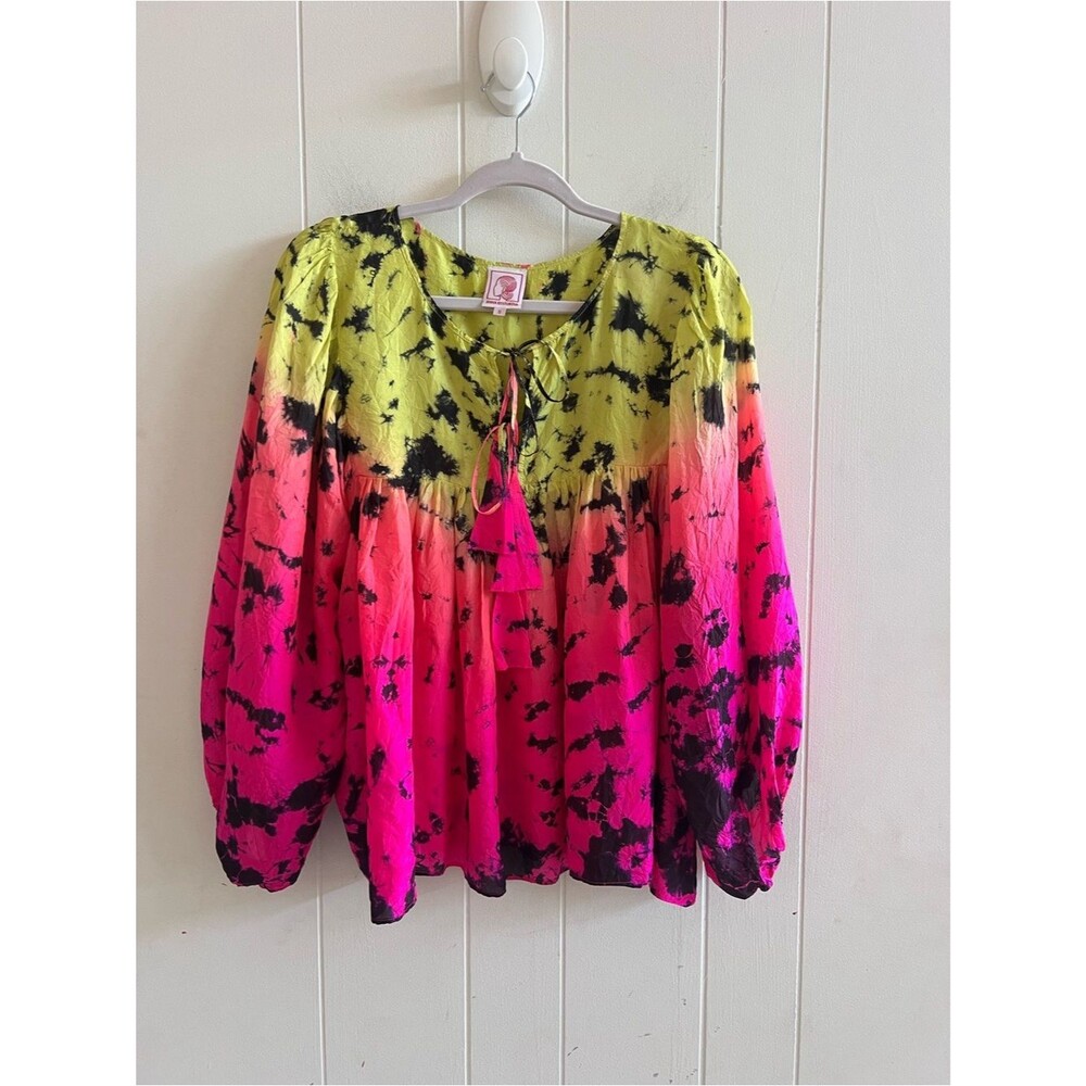 Anna Kosturova Silk Tie-Dye Billowy Sleeve Top - Astral Neon